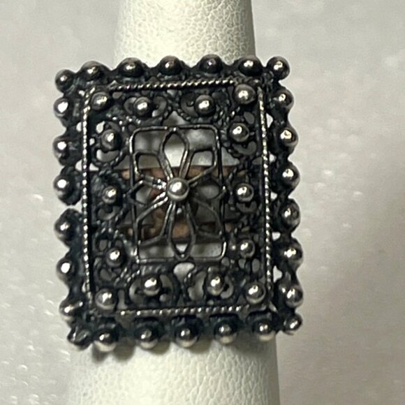Sterling Artisan Made Art Deco Etruscan Style Large Filigree Sz 5.25 Oxidized - Picture 1 of 8